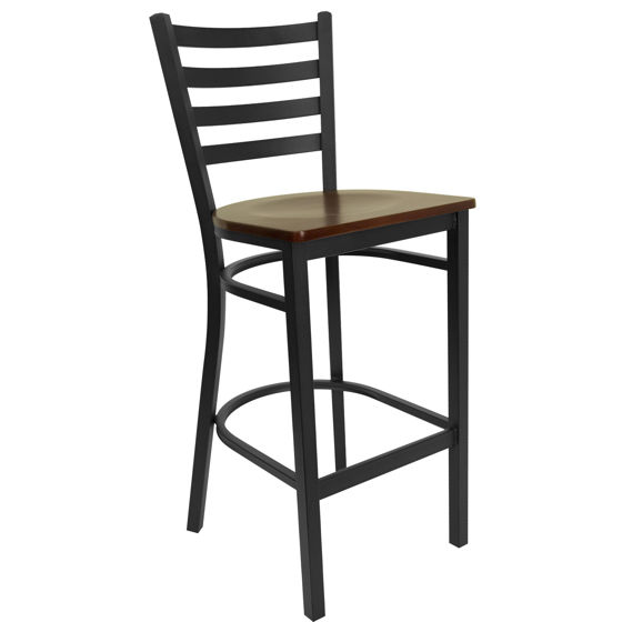 HERCULES Series Black Ladder Back Metal Restaurant Barstool - Mahogany Wood Seat XU-DG697BLAD-BAR-MAHW-GG