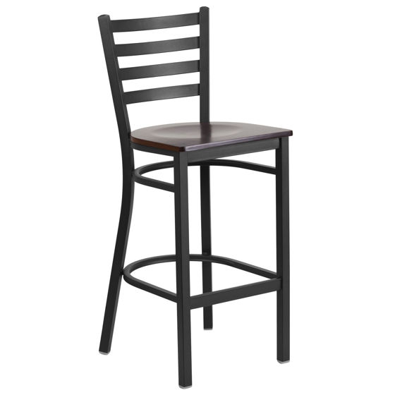 HERCULES Series Black Ladder Back Metal Restaurant Barstool - Walnut Wood Seat XU-DG697BLAD-BAR-WALW-GG