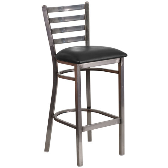 HERCULES Series Clear Coated Ladder Back Metal Restaurant Barstool - Black Vinyl Seat XU-DG697BLAD-CLR-BAR-BLKV-GG