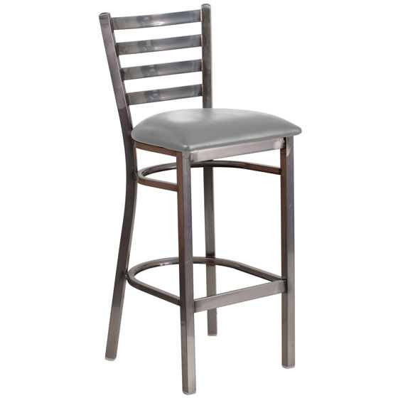 HERCULES Series Clear Coated Ladder Back Metal Restaurant Barstool - Custom Upholstered Seat XU-DG697BLAD-CLR-BAR-UNP-GG