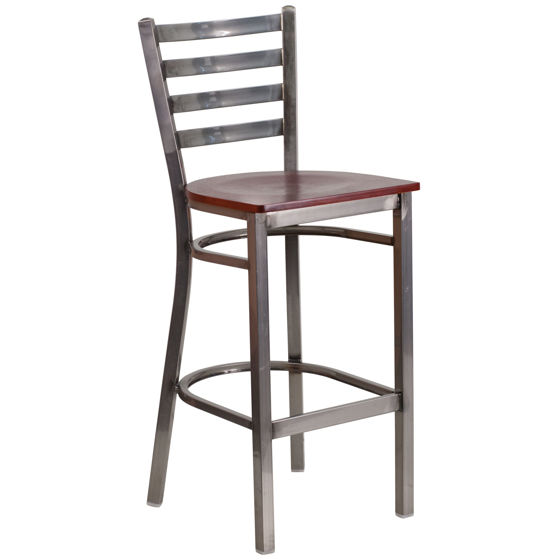 HERCULES Series Clear Coated Ladder Back Metal Restaurant Barstool - Mahogany Wood Seat XU-DG697BLAD-CLR-BAR-MAHW-GG