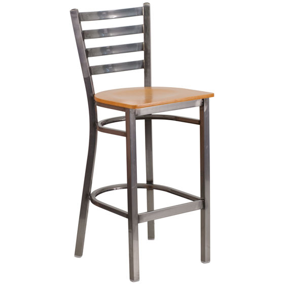 HERCULES Series Clear Coated Ladder Back Metal Restaurant Barstool - Natural Wood Seat XU-DG697BLAD-CLR-BAR-NATW-GG