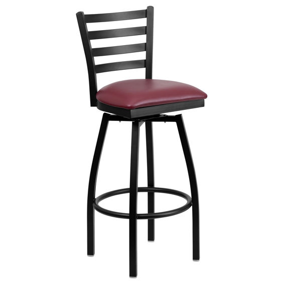 HERCULES Series Black Ladder Back Swivel Metal Barstool - Burgundy Vinyl Seat XU-6F8B-LADSWVL-BURV-GG
