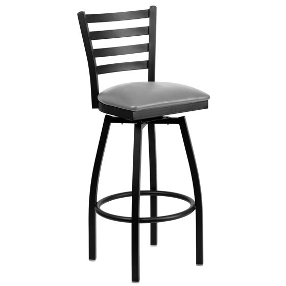 HERCULES Series Black Ladder Back Swivel Metal Barstool - Custom Upholstered Seat XU-6F8B-LADSWVL-UNP-GG
