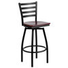 HERCULES Series Black Ladder Back Swivel Metal Barstool - Mahogany Wood Seat XU-6F8B-LADSWVL-MAHW-GG