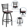 HERCULES Series Black Ladder Back Swivel Metal Barstool - Mahogany Wood Seat XU-6F8B-LADSWVL-MAHW-GG