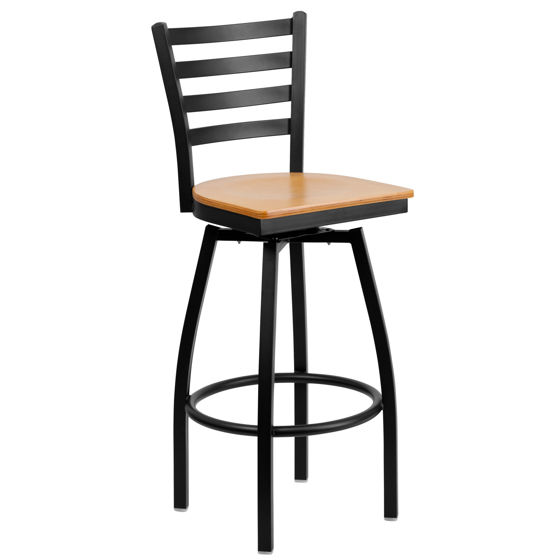 HERCULES Series Black Ladder Back Swivel Metal Barstool - Natural Wood Seat XU-6F8B-LADSWVL-NATW-GG