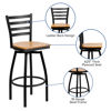 HERCULES Series Black Ladder Back Swivel Metal Barstool - Natural Wood Seat XU-6F8B-LADSWVL-NATW-GG
