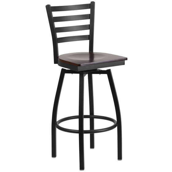 HERCULES Series Black Ladder Back Swivel Metal Barstool - Walnut Wood Seat XU-6F8B-LADSWVL-WALW-GG
