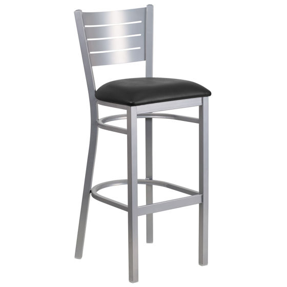 HERCULES Series Silver Slat Back Metal Restaurant Barstool - Black Vinyl Seat XU-DG-60402-BAR-BLKV-GG