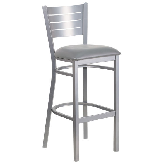 HERCULES Series Silver Slat Back Metal Restaurant Barstool - Custom Upholstered Seat XU-DG-60402-BAR-UNP-GG