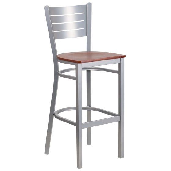 HERCULES Series Silver Slat Back Metal Restaurant Barstool - Cherry Wood Seat XU-DG-60402-BAR-CHYW-GG