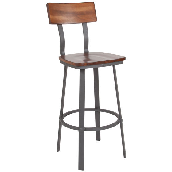 Flint Series Rustic Walnut Restaurant Barstool with Wood Seat & Back and Gray Powder Coat Frame XU-DG-60582B-GG