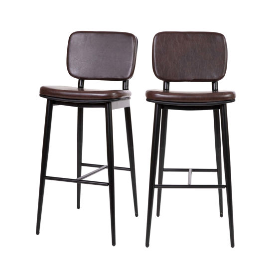 Kenzie Commercial Grade Mid-Back Barstools - Brown LeatherSoft Upholstery - Black Iron Frame with Integrated Footrest - Set of 2 AY-S01-BR-GG