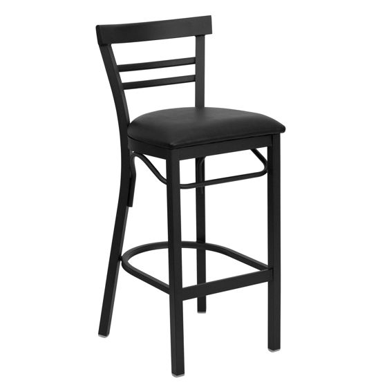 HERCULES Series Black Two-Slat Ladder Back Metal Restaurant Barstool - Black Vinyl Seat XU-DG6R9BLAD-BAR-BLKV-GG