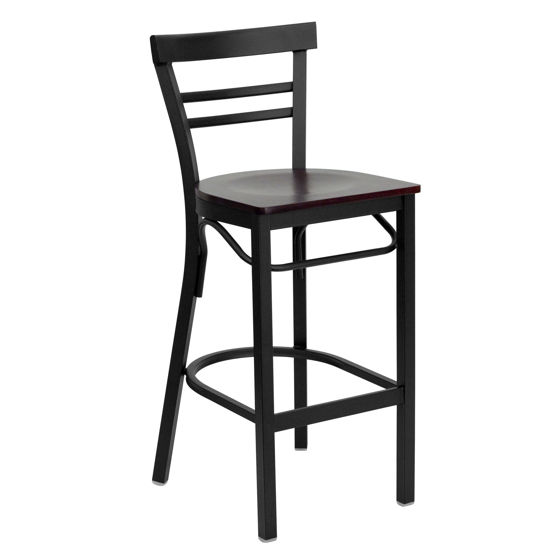 HERCULES Series Black Two-Slat Ladder Back Metal Restaurant Barstool - Mahogany Wood Seat XU-DG6R9BLAD-BAR-MAHW-GG