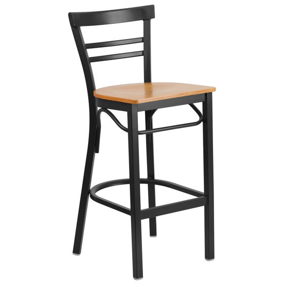 HERCULES Series Black Two-Slat Ladder Back Metal Restaurant Barstool - Natural Wood Seat XU-DG6R9BLAD-BAR-NATW-GG