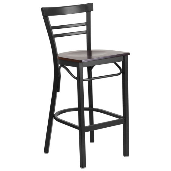 HERCULES Series Black Two-Slat Ladder Back Metal Restaurant Barstool - Walnut Wood Seat XU-DG6R9BLAD-BAR-WALW-GG