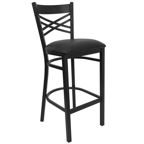 HERCULES Series Black ''X'' Back Metal Restaurant Barstool - Black Vinyl Seat XU-6F8BXBK-BAR-BLKV-GG