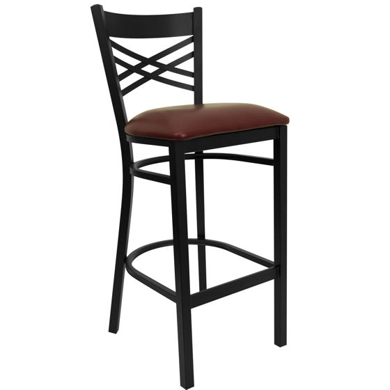 HERCULES Series Black ''X'' Back Metal Restaurant Barstool - Burgundy Vinyl Seat XU-6F8BXBK-BAR-BURV-GG