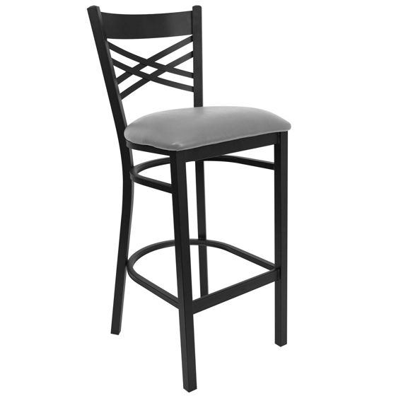 HERCULES Series Black ''X'' Back Metal Restaurant Barstool - Custom Upholstered Seat XU-6F8BXBK-BAR-UNP-GG