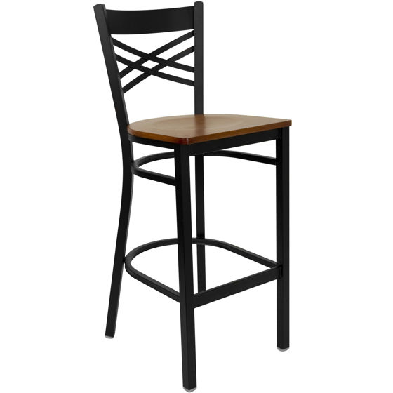 HERCULES Series Black ''X'' Back Metal Restaurant Barstool - Cherry Wood Seat XU-6F8BXBK-BAR-CHYW-GG