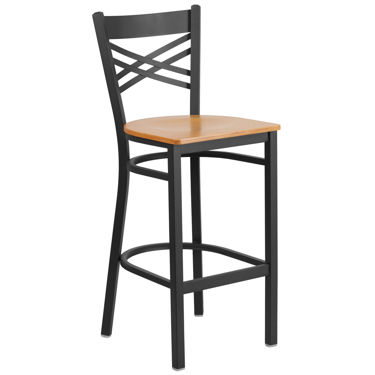 HERCULES Series Black ''X'' Back Metal Restaurant Barstool - Natural Wood Seat XU-6F8BXBK-BAR-NATW-GG