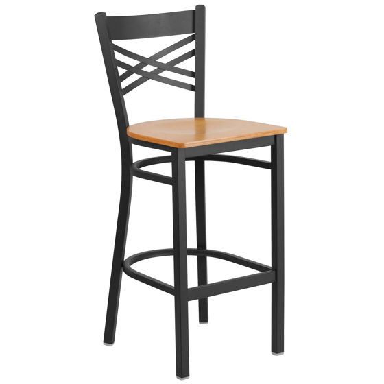 HERCULES Series Black ''X'' Back Metal Restaurant Barstool - Natural Wood Seat XU-6F8BXBK-BAR-NATW-GG