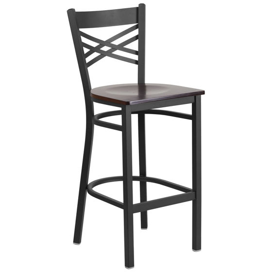 HERCULES Series Black ''X'' Back Metal Restaurant Barstool - Walnut Wood Seat XU-6F8BXBK-BAR-WALW-GG