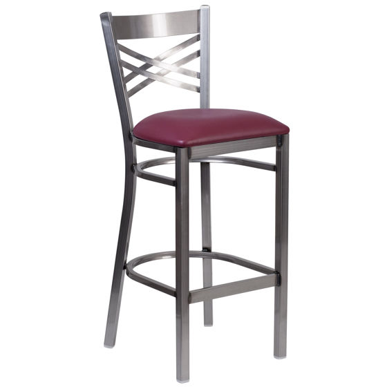 HERCULES Series Clear Coated ''X'' Back Metal Restaurant Barstool - Burgundy Vinyl Seat XU-6F8B-CLR-BAR-BURV-GG