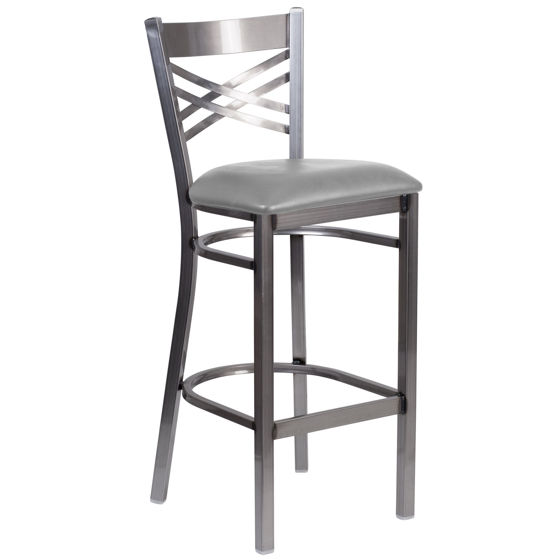 HERCULES Series Clear Coated ''X'' Back Metal Restaurant Barstool - Custom Upholstered Seat XU-6F8B-CLR-BAR-UNP-GG