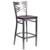 HERCULES Series Clear Coated ''X'' Back Metal Restaurant Barstool - Mahogany Wood Seat XU-6F8B-CLR-BAR-MAHW-GG