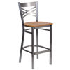 HERCULES Series Clear Coated ''X'' Back Metal Restaurant Barstool - Natural Wood Seat XU-6F8B-CLR-BAR-NATW-GG