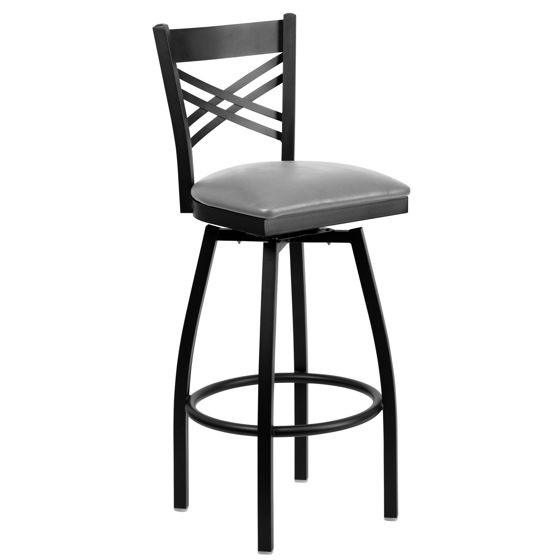 HERCULES Series Black ''X'' Back Swivel Metal Barstool - Custom Upholstered Seat XU-6F8B-XSWVL-UNP-GG