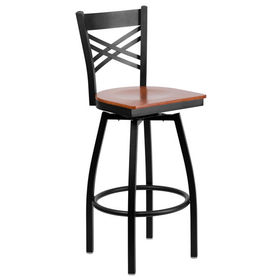 HERCULES Series Black ''X'' Back Swivel Metal Barstool - Cherry Wood Seat XU-6F8B-XSWVL-CHYW-GG