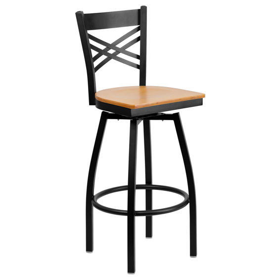 HERCULES Series Black ''X'' Back Swivel Metal Barstool - Natural Wood Seat XU-6F8B-XSWVL-NATW-GG