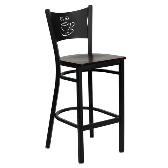 HERCULES Series Black Coffee Back Metal Restaurant Barstool - Mahogany Wood Seat XU-DG-60114-COF-BAR-MAHW-GG