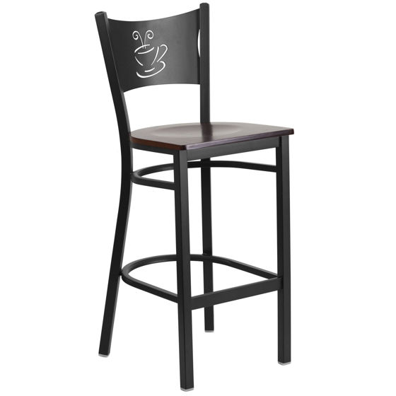 HERCULES Series Black Coffee Back Metal Restaurant Barstool - Walnut Wood Seat XU-DG-60114-COF-BAR-WALW-GG