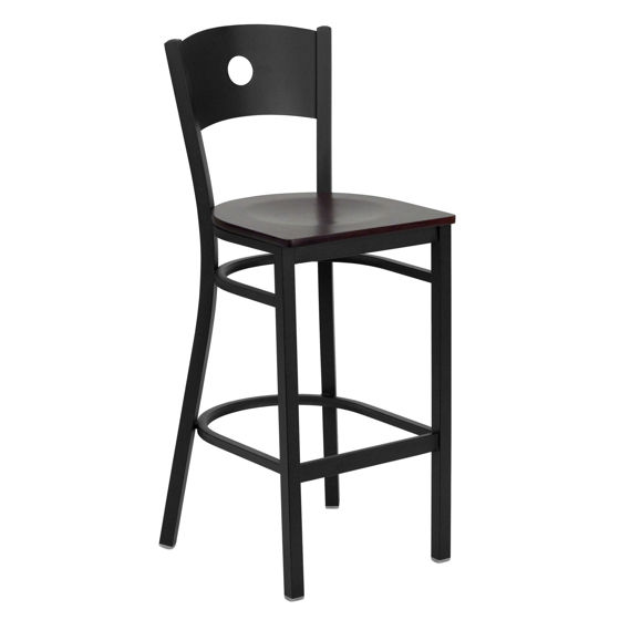 HERCULES Series Black Circle Back Metal Restaurant Barstool - Mahogany Wood Seat XU-DG-60120-CIR-BAR-MAHW-GG