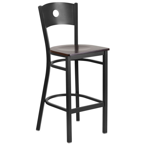 HERCULES Series Black Circle Back Metal Restaurant Barstool - Walnut Wood Seat XU-DG-60120-CIR-BAR-WALW-GG