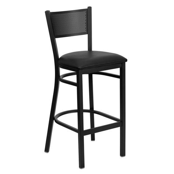 HERCULES Series Black Grid Back Metal Restaurant Barstool - Black Vinyl Seat XU-DG-60116-GRD-BAR-BLKV-GG