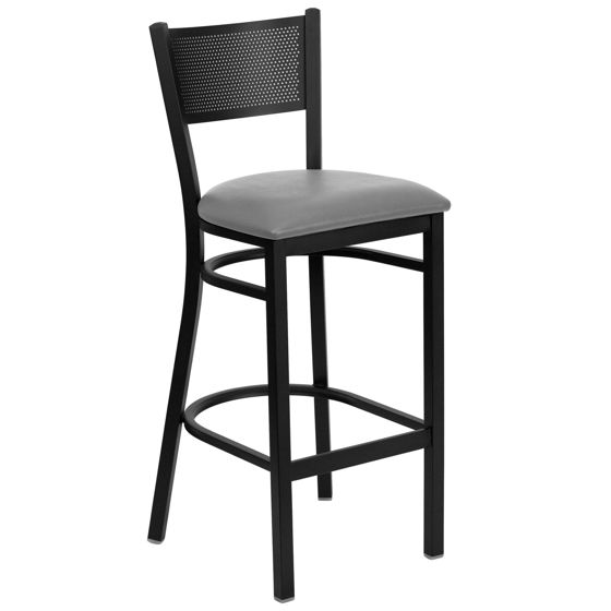 HERCULES Series Black Grid Back Metal Restaurant Barstool - Custom Upholstered Seat XU-DG-60116-GRD-BAR-UNP-GG