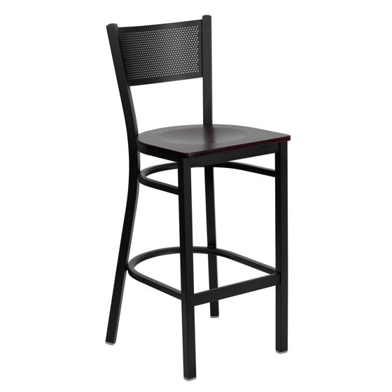 HERCULES Series Black Grid Back Metal Restaurant Barstool - Mahogany Wood Seat XU-DG-60116-GRD-BAR-MAHW-GG 