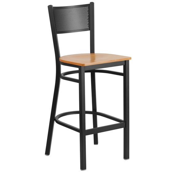 HERCULES Series Black Grid Back Metal Restaurant Barstool - Natural Wood Seat XU-DG-60116-GRD-BAR-NATW-GG