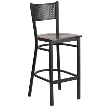 HERCULES Series Black Grid Back Metal Restaurant Barstool - Walnut Wood Seat XU-DG-60116-GRD-BAR-WALW-GG
