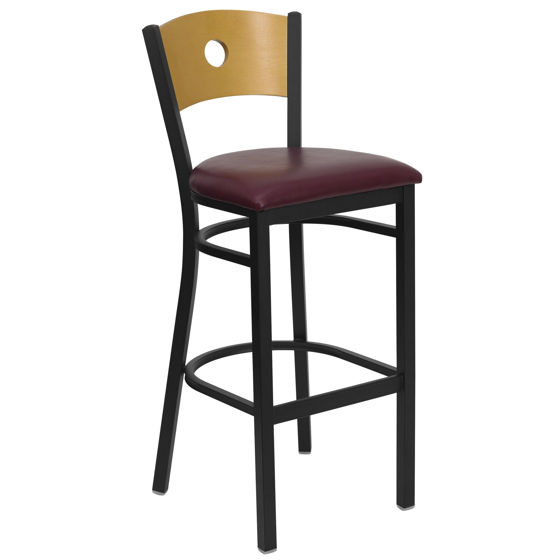 HERCULES Series Black Circle Back Metal Restaurant Barstool - Natural Wood Back, Burgundy Vinyl Seat XU-DG-6F6B-CIR-BAR-BURV-GG