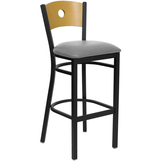 HERCULES Series Black Circle Back Metal Restaurant Barstool - Natural Wood Back, Custom Upholstered Seat XU-DG-6F6B-CIR-BAR-UNP-GG