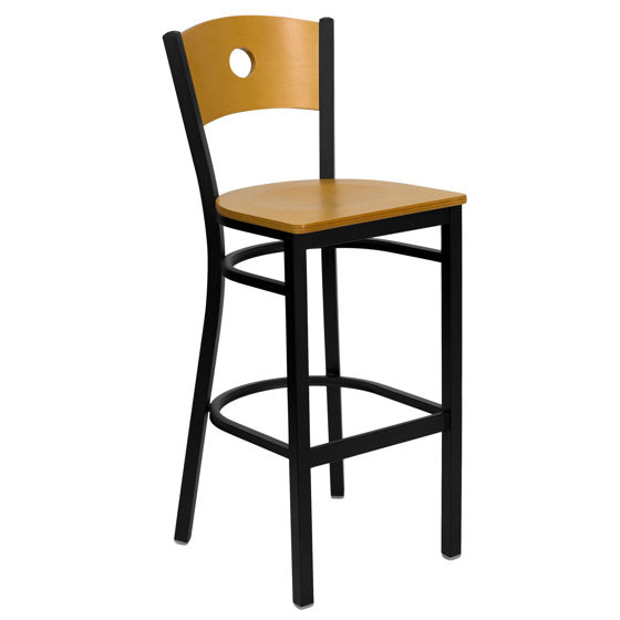 HERCULES Series Black Circle Back Metal Restaurant Barstool - Natural Wood Back & Seat  XU-DG-6F6B-CIR-BAR-NATW-GG