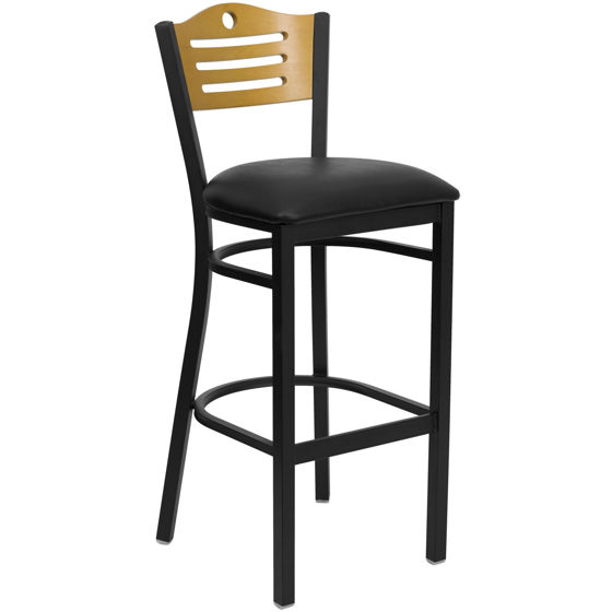 HERCULES Series Black Slat Back Metal Restaurant Barstool - Natural Wood Back, Black Vinyl Seat XU-DG-6H3B-SLAT-BAR-BLKV-GG