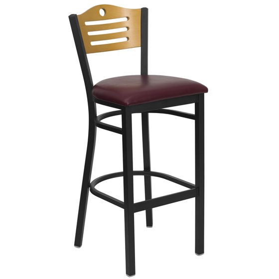 HERCULES Series Black Slat Back Metal Restaurant Barstool - Natural Wood Back, Burgundy Vinyl Seat XU-DG-6H3B-SLAT-BAR-BURV-GG